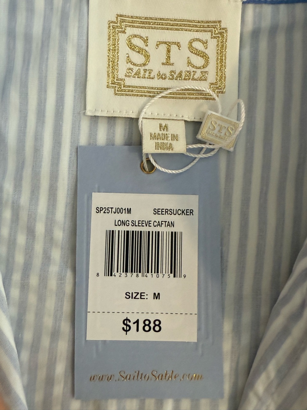 NWT Sail to Sable Seersucker Long Sleeve Caftan Dress Blue White Stripe M $188 - Picture 3 of 5